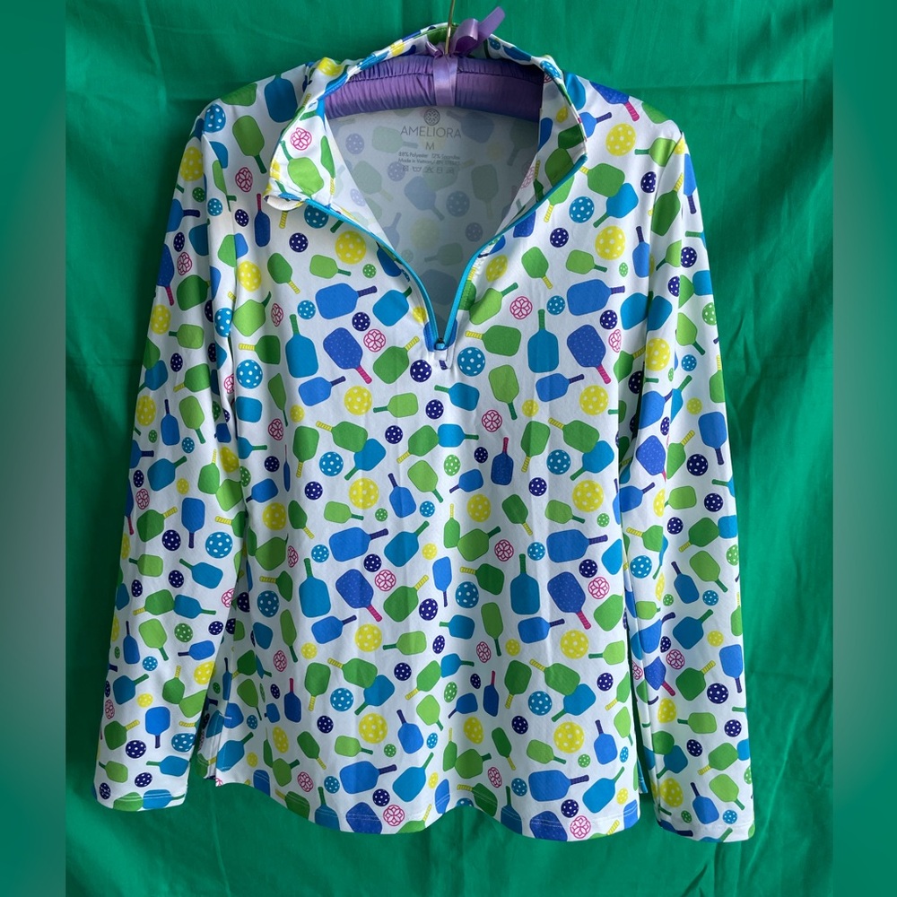 NWT AMELIORA THE NAOMI LONG SLEEVE 1/4 ZIP SHIRT SIZE M PICKLEBALL PRINT